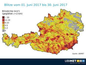 Blitzdichte in Österreich, 1.-30. Juni 2017