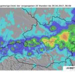 24-stündige Niederschlagssumme (19.04., 06 Uhr bis 20.04., 06 Uhr) Quelle UBIMET