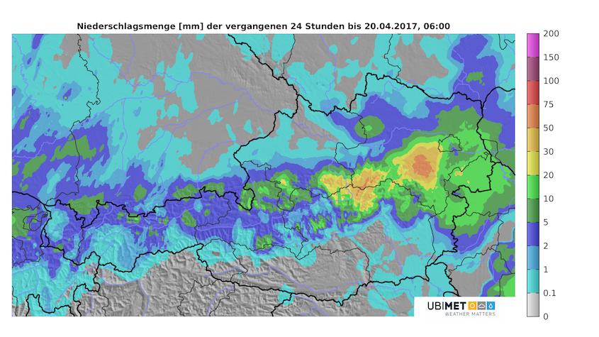 24-stündige Niederschlagssumme (19.04., 06 Uhr bis 20.04., 06 Uhr) Quelle UBIMET