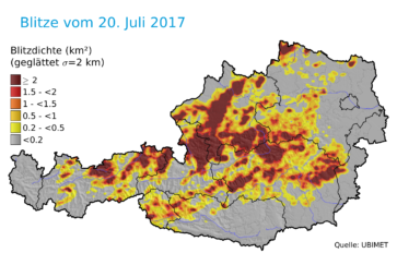 Ubimet Wetter - Blitzradar - Blitzdichte - Kräftige Gewitter am Donnerstag: Fast 70.000 Blitze, Starkregen, Sturmböen und Hagel