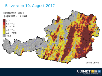 UBIMET Blitzradar Blitzdichte Blitze vom 10. August 2017