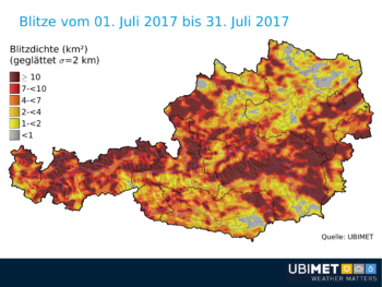 Ubimet - Blitzradar - Blitzdichte in Österreich, 1.-31. Juli 2017