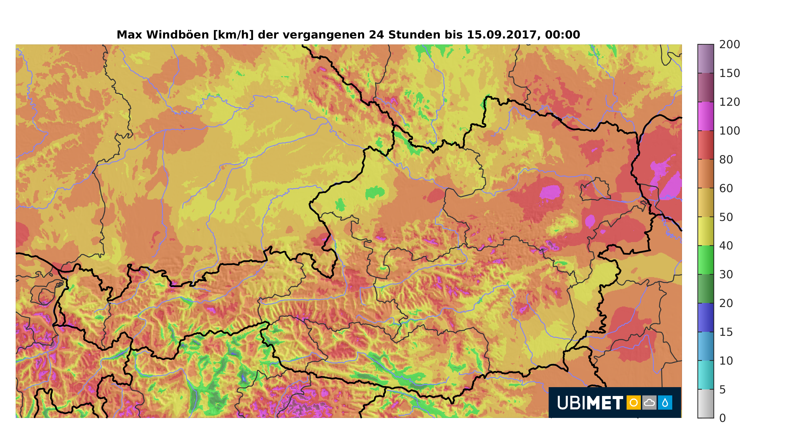 Ubimet Wetter- Windradar Windspitzen vom 14. September 2017