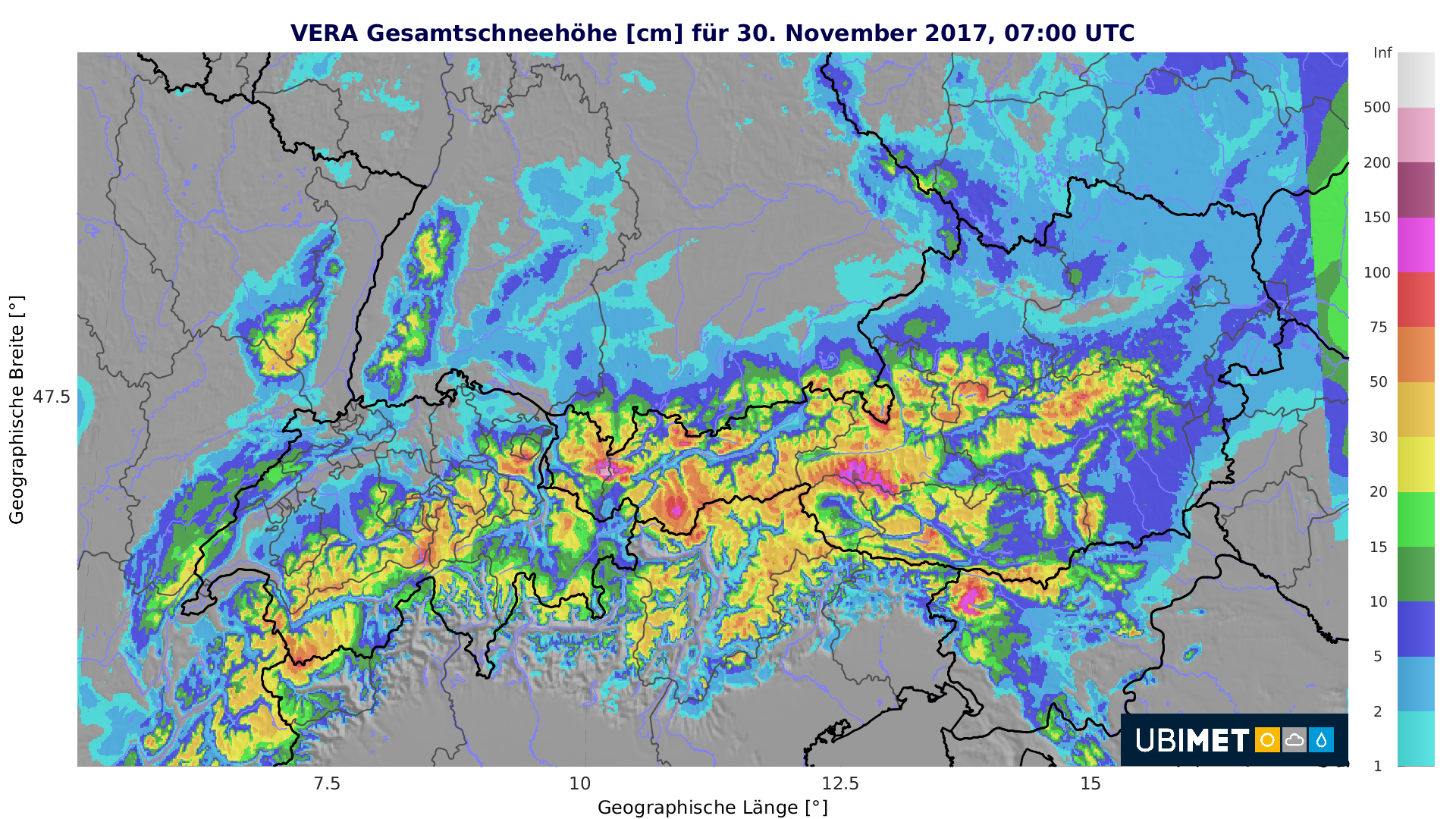 Gesamtschneehöhe für 30 November 2017 07:00 UTC