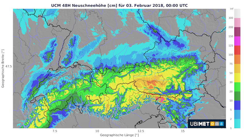 8-stündige Neuschneemenge bis Samstag, 3. Februar 2018, 00 UTC