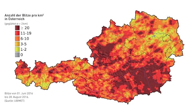 Anzahl-der-Blitze-pro-km2-in Österreich-2016