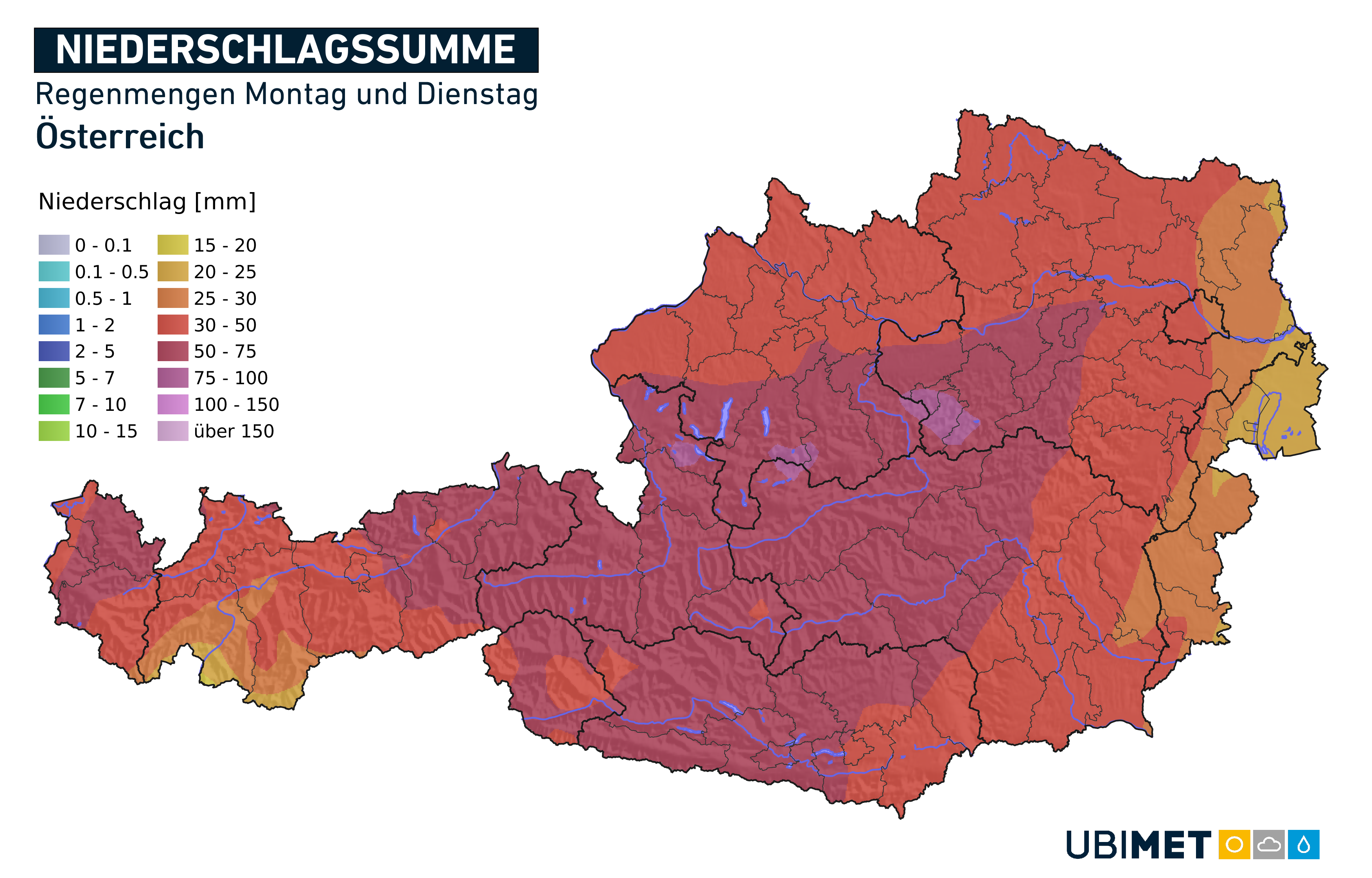 Lokal 100 l/m² – Ergiebiger Regen am Montag und Dienstag